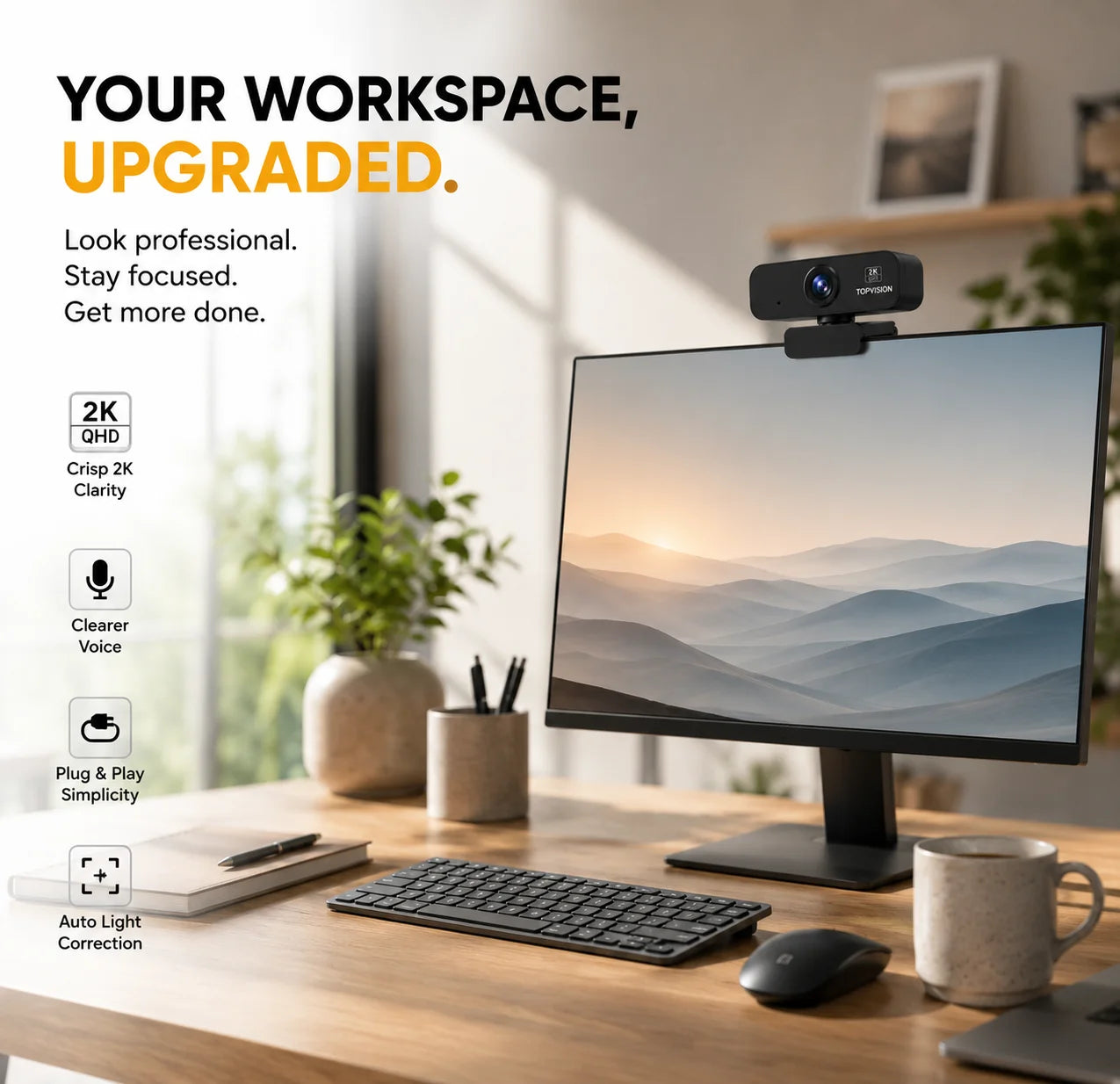 2K QHD Webcam for PC, USB Computer Camera with Microphone, Plug & Play Web Camera for Desktop Computer/Laptop, Zoom,Google Meet,Teams, Streaming, Compatible with Windows Mac Linux