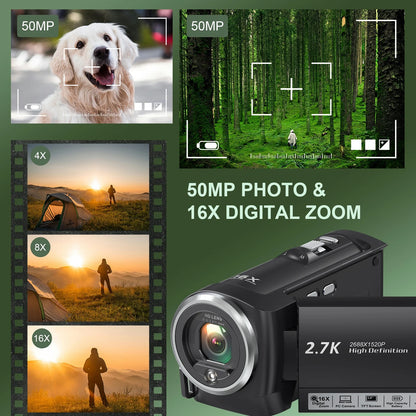 Video Camera Camcorder 2.7K 50MP 16X Zoom Vlogging Camera for Youtube