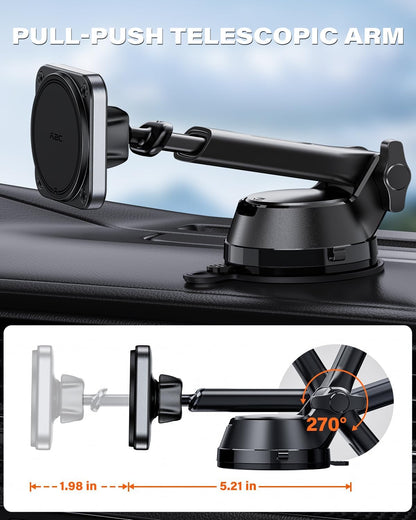 Magnetic Car Mount for Magsafe, Heavy Duty Phone Holder with 20 N55 Magnets, Strong Suction Cup, Adjustable Telescopic Arm, Dashboard & Windshield Mount for Iphone 12-17 Series and All Phones