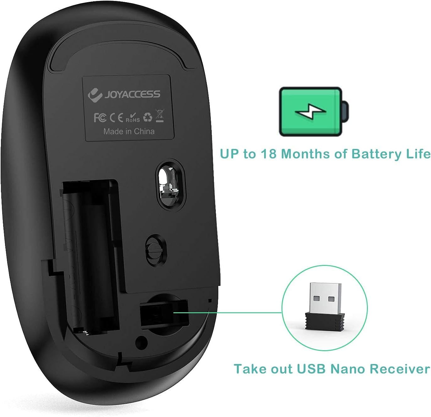 Wireless Mouse for Laptop, J 2.4G Slim Portable Wireless Silent Mouse, 5 Adjustable DPI, Computer Mouse Wireless with USB Receiver for Desktop,Pc,Notebook,Macbook,Chromebook (Black)