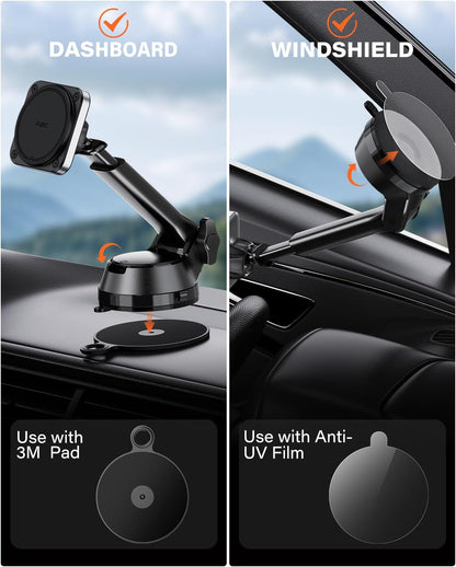 Magnetic Car Mount for Magsafe, Heavy Duty Phone Holder with 20 N55 Magnets, Strong Suction Cup, Adjustable Telescopic Arm, Dashboard & Windshield Mount for Iphone 12-17 Series and All Phones